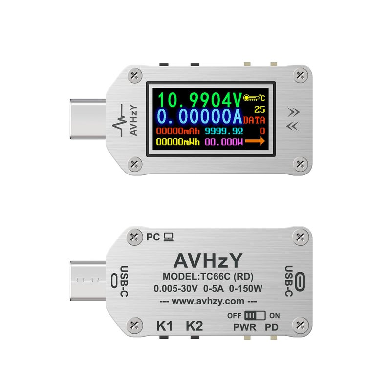 AVHzY TC66C USB Meter 30V 5A Type-C Voltage Current Power Meter, PD Trigger, Charger Power Bank Tester, Color Digital LCD Display USB Tester - Image 1